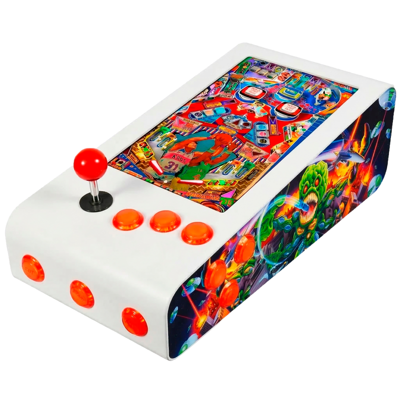 Pinball Virtual en Acero con 13.3” 1080p Playield, PC Intel N95 con 8GB RAM y 128GB M2, 12 Botones Arcade retroiluminados, Frontend PinballX, VPX y VP9 (MiniPinball Curvo Metálico Attack from the Mars Blanco)