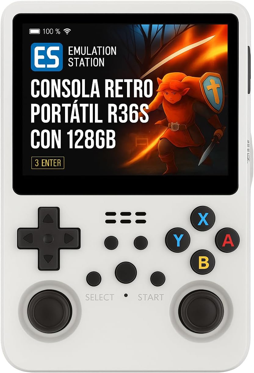 Consola Retro Ambernic R36S Portátil 128GB – 15.000+ titulos (Blanca)