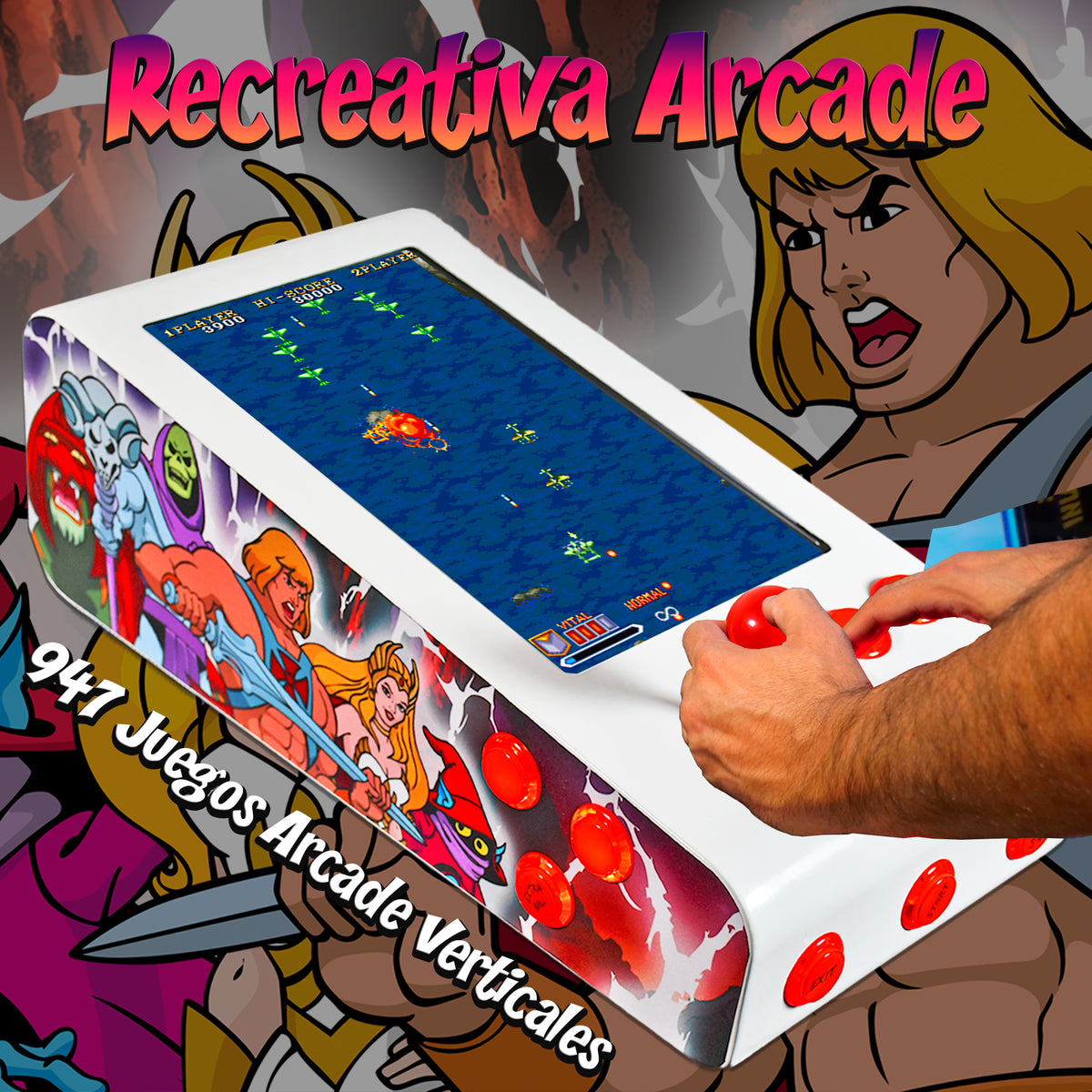 Pinball Virtual en Acero con 13.3” 1080p Playield, PC Intel N5105 con 8GB RAM y 128GB M2, 12 Botones Arcade retroiluminados, Frontend PinballX, VPX y VP9 (MiniPinball Curvo Metálico He-man Blanco)