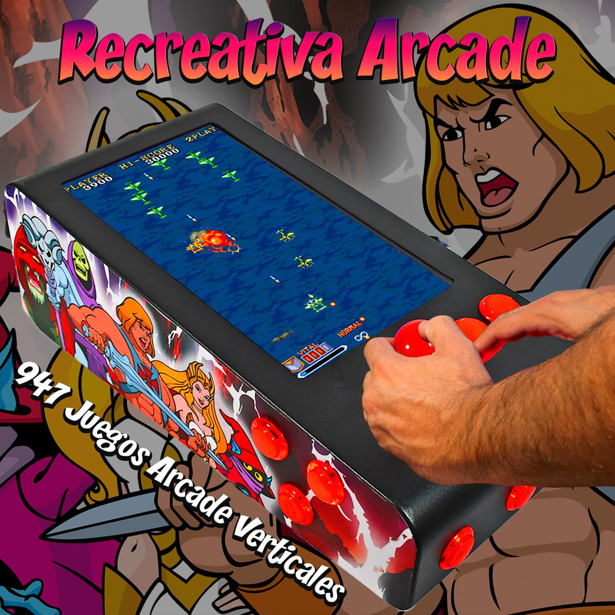 Pinball Virtual en Acero con 13.3” 1080p Playield, PC Intel N5105 con 8GB RAM y 128GB M2, 12 Botones Arcade retroiluminados, Frontend PinballX, VPX y VP9 (MiniPinball Curvo Metálico He-man Negro)