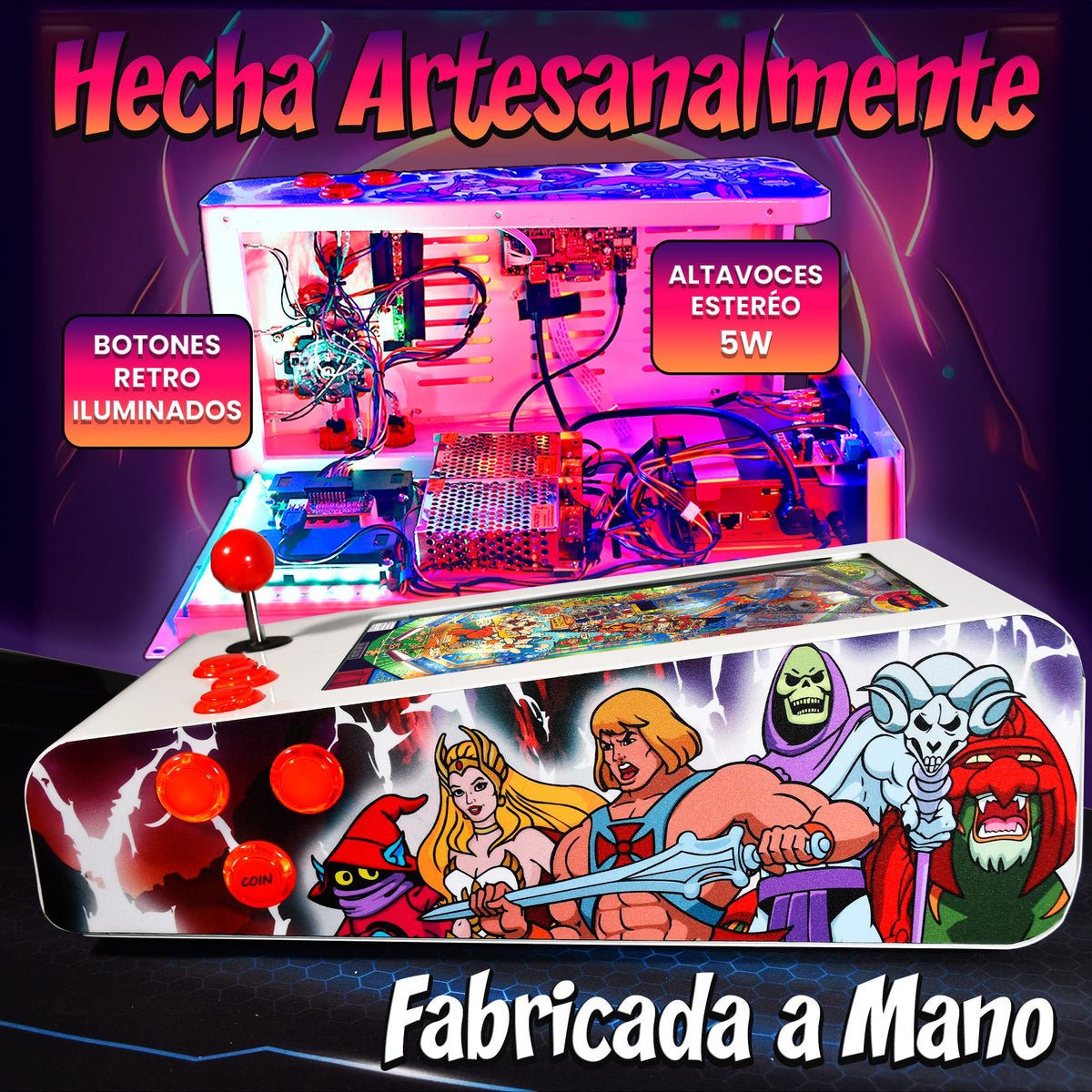Pinball Virtual en Acero con 13.3” 1080p Playield, PC Intel N5105 con 8GB RAM y 128GB M2, 12 Botones Arcade retroiluminados, Frontend PinballX, VPX y VP9 (MiniPinball Curvo Metálico He-man Blanco)