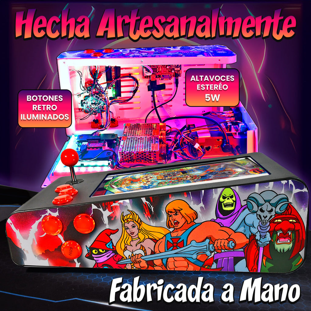 Pinball Virtual en Acero con 13.3” 1080p Playield, PC Intel N5105 con 8GB RAM y 128GB M2, 12 Botones Arcade retroiluminados, Frontend PinballX, VPX y VP9 (MiniPinball Curvo Metálico He-man Negro)