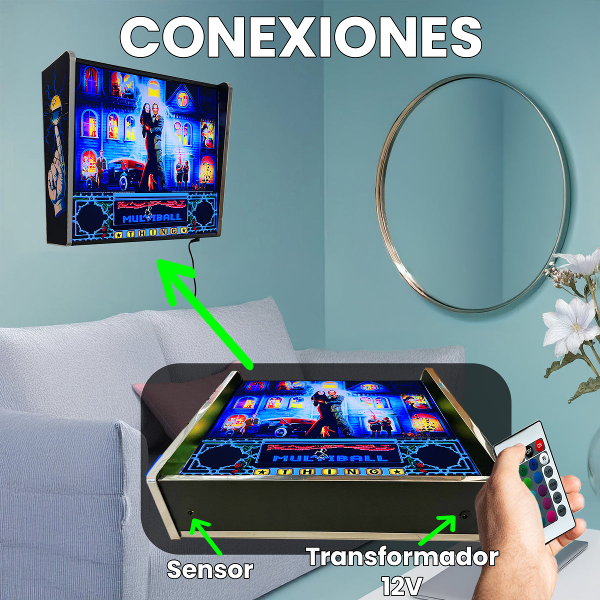 Lámpara RGB - Backglass Pincab Flipper Pinball The Addams Family, Ideal para Decorar habitación Gaming Sala Arcade, Incluye Mando a Distancia con Distintos Modos de iluminación Ambiente