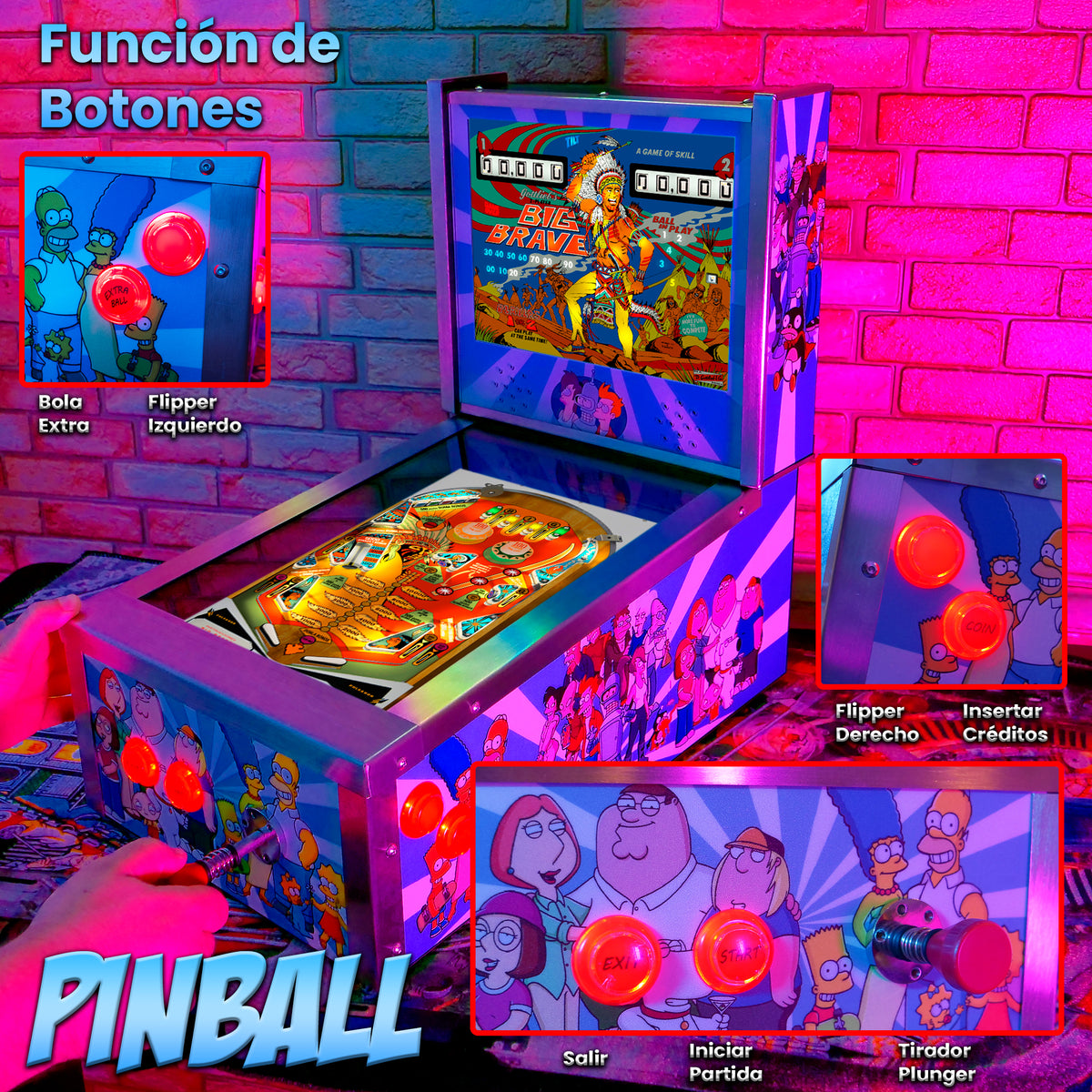 Pinball Virtual 15.6" + 12" con plunger analógico (Futurama Metálico con backglass)