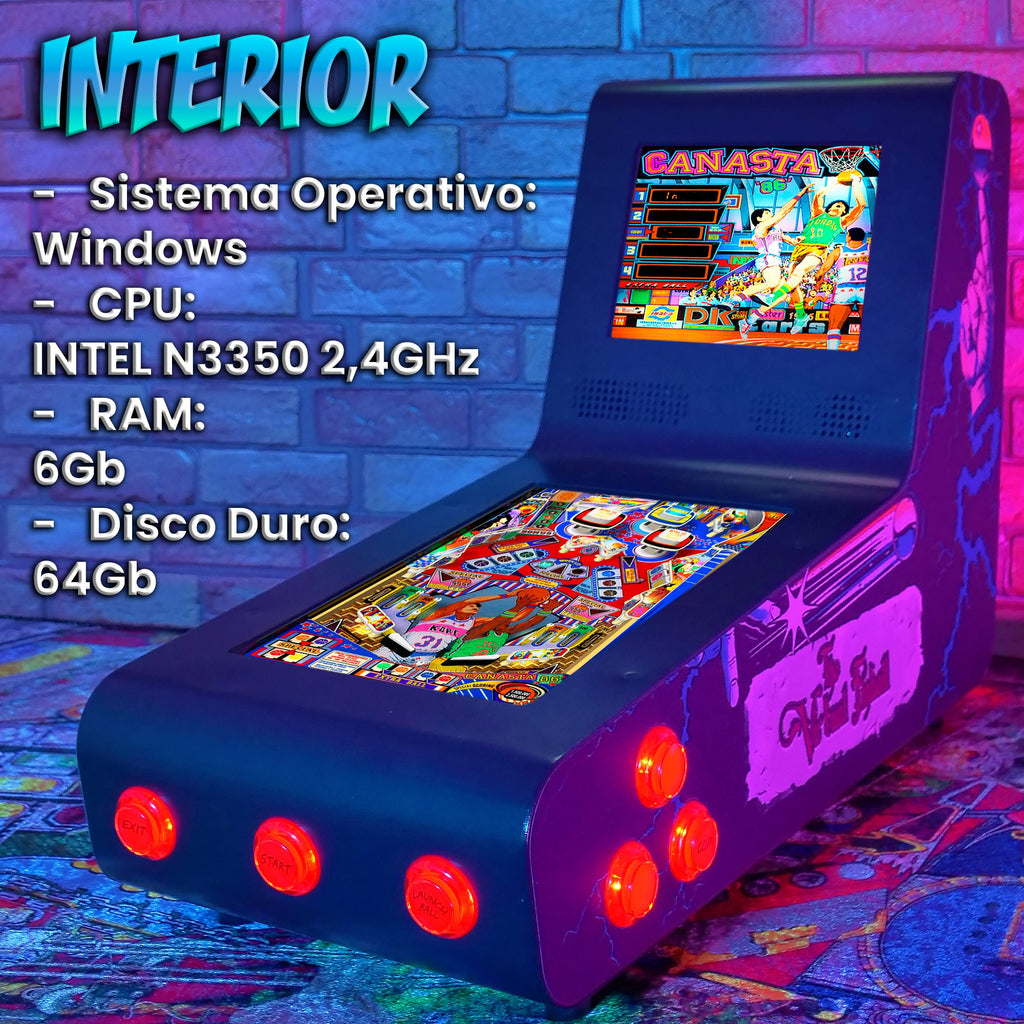 Pinball Virtual, Playfield 12″, Backglass 8″ INTEL N5105 (MiniPinball Curvo Metálico con Backglass TheFamilyAddams)