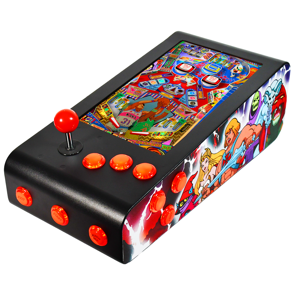 Pinball Virtual en Acero con 13.3” 1080p Playield, PC Intel N5105 con 8GB RAM y 128GB M2, 12 Botones Arcade retroiluminados, Frontend PinballX, VPX y VP9 (MiniPinball Curvo Metálico He-man Negro)