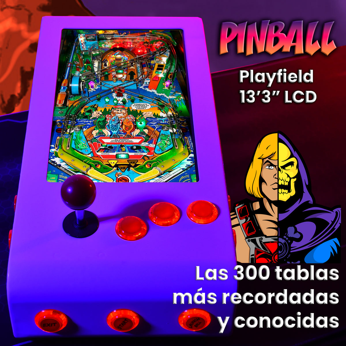Pinball Virtual en Acero con 13.3” 1080p Playield, PC Intel N5105 con 8GB RAM y 128GB M2, 12 Botones Arcade retroiluminados, Frontend PinballX, VPX y VP9 (MiniPinball Curvo Metálico He-man Blanco)
