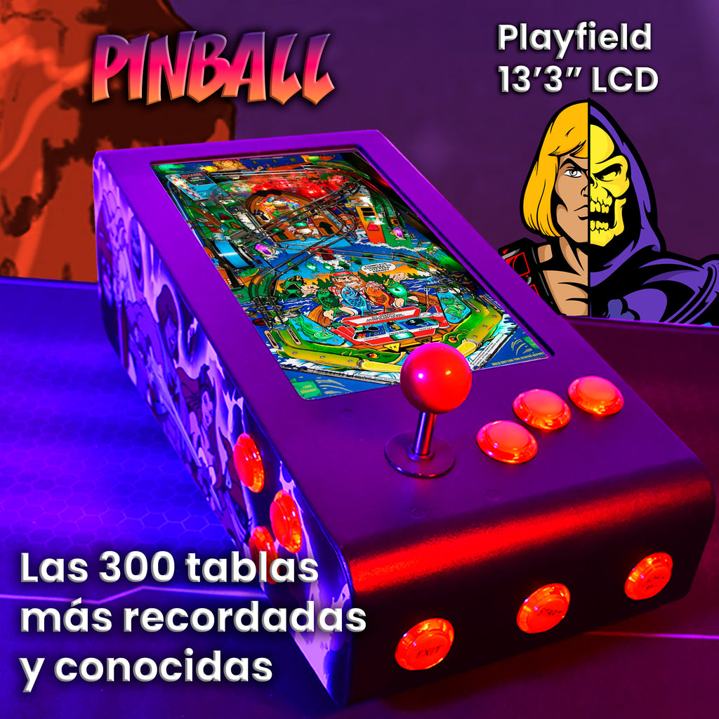 Pinball Virtual en Acero con 13.3” 1080p Playield, PC Intel N5105 con 8GB RAM y 128GB M2, 12 Botones Arcade retroiluminados, Frontend PinballX, VPX y VP9 (MiniPinball Curvo Metálico He-man Negro)