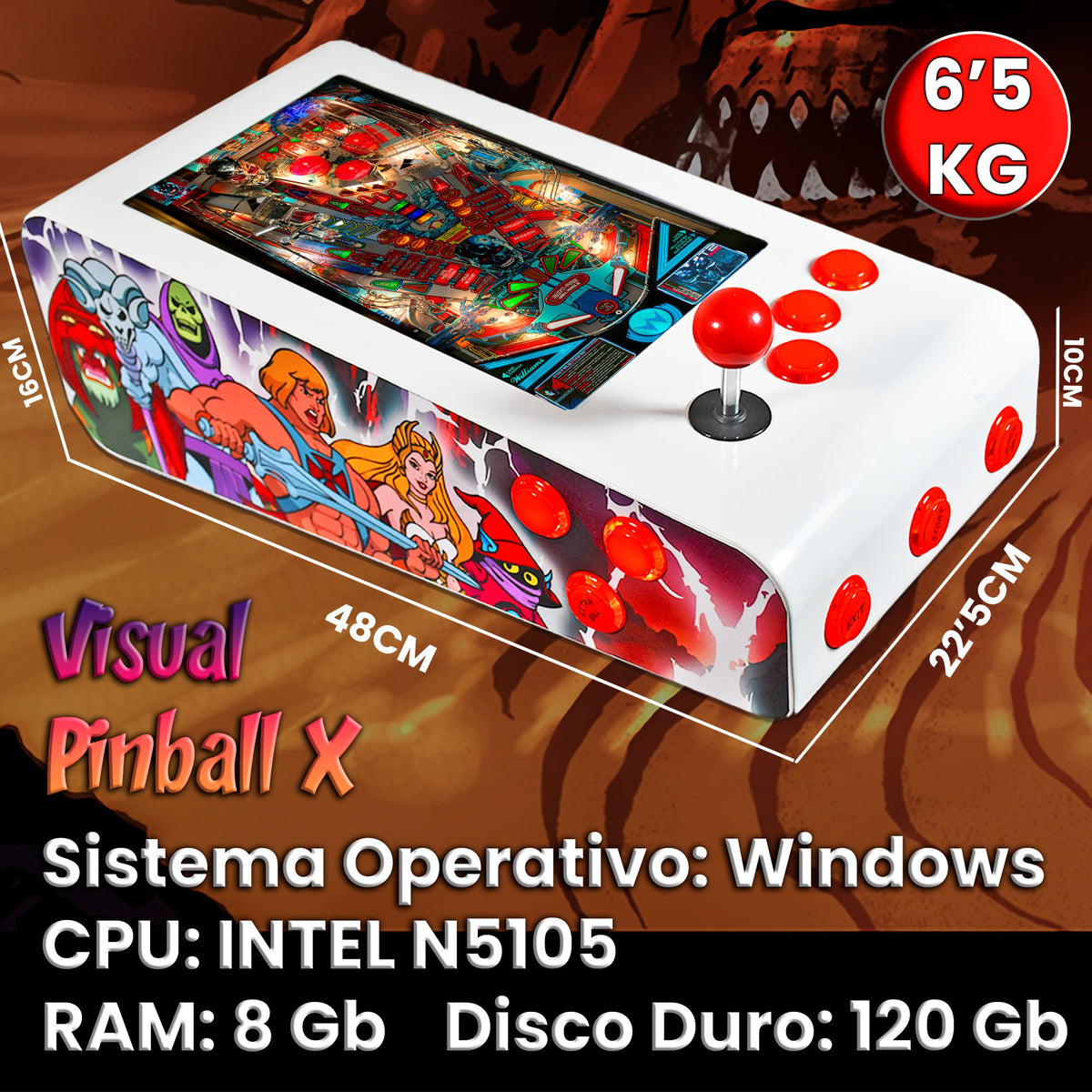 Pinball Virtual en Acero con 13.3” 1080p Playield, PC Intel N5105 con 8GB RAM y 128GB M2, 12 Botones Arcade retroiluminados, Frontend PinballX, VPX y VP9 (MiniPinball Curvo Metálico He-man Blanco)