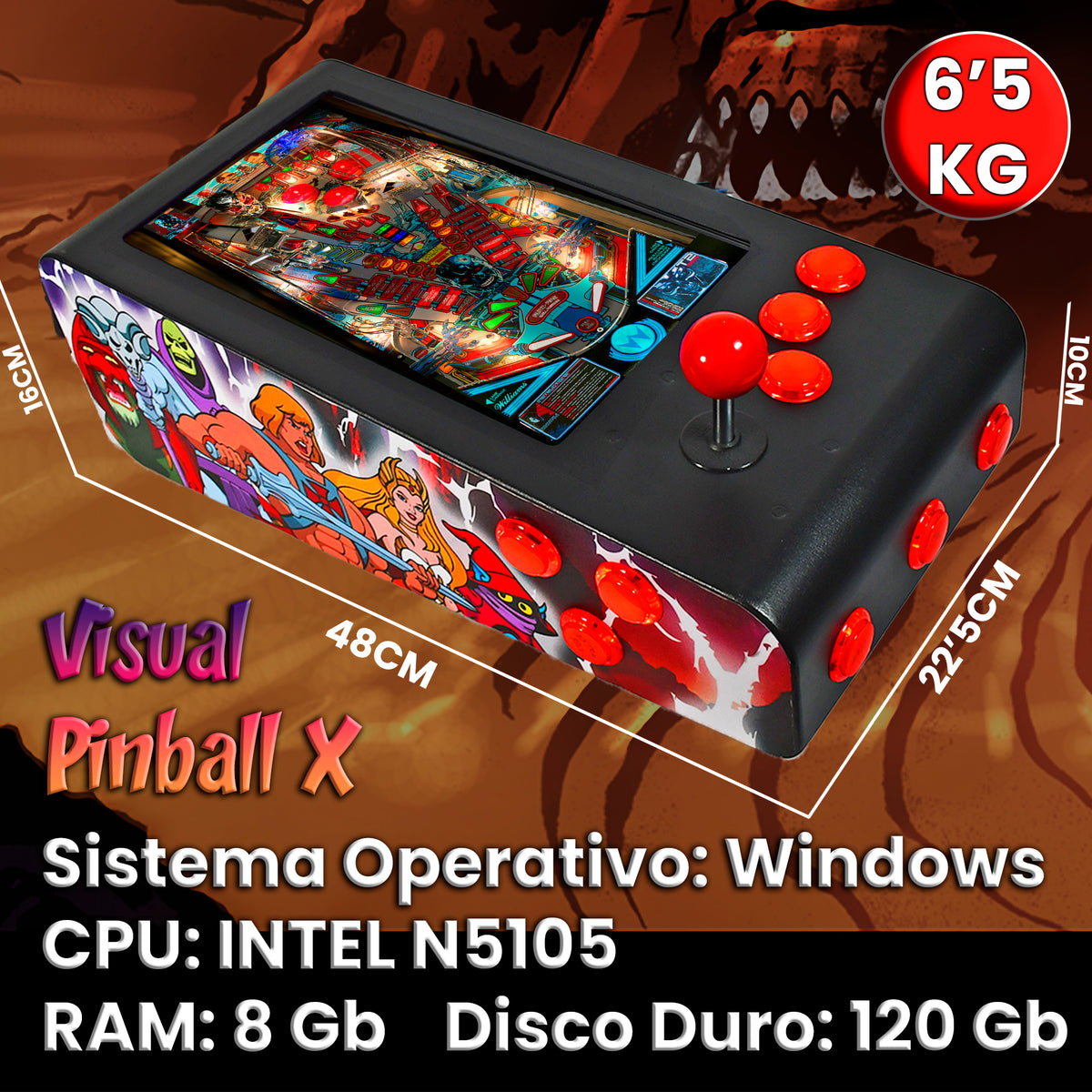 Pinball Virtual en Acero con 13.3” 1080p Playield, PC Intel N5105 con 8GB RAM y 128GB M2, 12 Botones Arcade retroiluminados, Frontend PinballX, VPX y VP9 (MiniPinball Curvo Metálico He-man Negro)