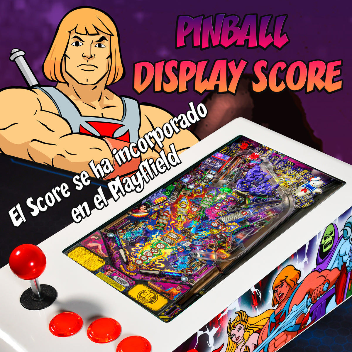 Pinball Virtual en Acero con 13.3” 1080p Playield, PC Intel N5105 con 8GB RAM y 128GB M2, 12 Botones Arcade retroiluminados, Frontend PinballX, VPX y VP9 (MiniPinball Curvo Metálico He-man Blanco)