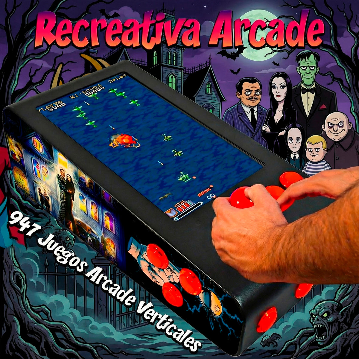 Pinball Virtual en Acero con 13.3” 1080p Playield, PC Intel N95 con 8GB RAM y 128GB M2, 12 Botones Arcade retroiluminados, Frontend PinballX, VPX y VP9 (MiniPinball Curvo Metálico TheAddamsFamily Negro)