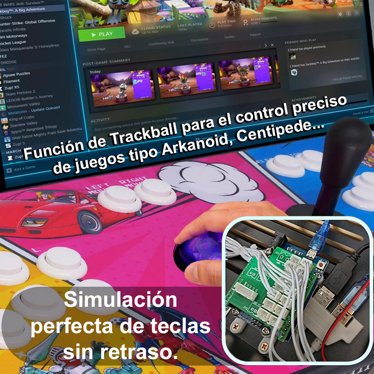 Pandora Box Premium Intel i5 3470 + 8gb RAM + Disco Duro 128gb M2 + ITX GH61TR + Dual Boot: Windows 11 + USB 256GB Batocera + Arduino Leonardo + Placas Zero Delay + Trackball + Joysticks Americanos + Botones Arcade