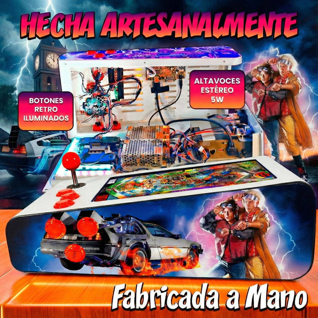 Pinball Virtual en Acero con 13.3” 1080p Playield, PC Intel N95 con 8GB RAM y 128GB M2, 12 Botones Arcade retroiluminados, Frontend PinballX, VPX y VP9 (MiniPinball Curvo Metálico BacktotheFuture Blanco)
