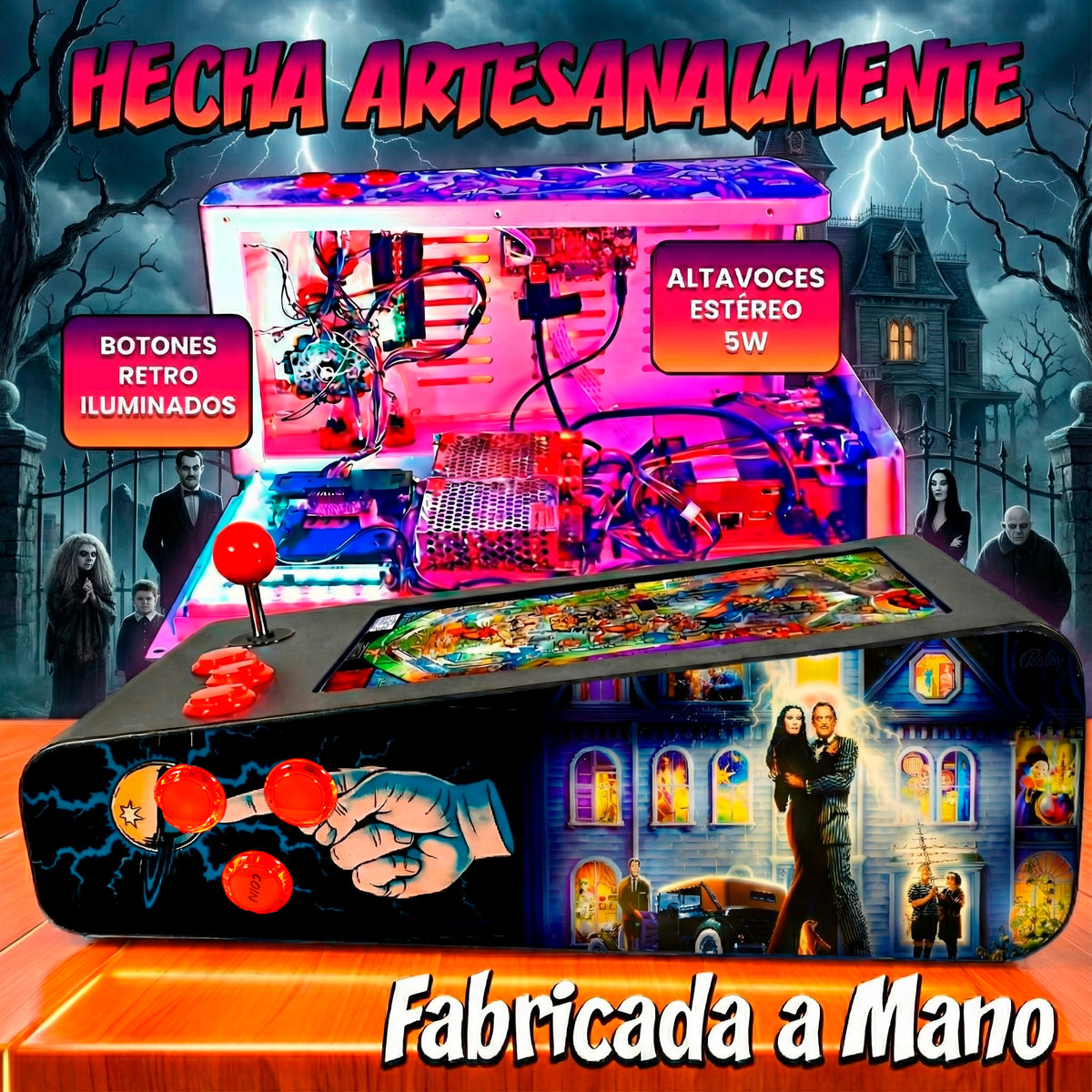 Pinball Virtual en Acero con 13.3” 1080p Playield, PC Intel N95 con 8GB RAM y 128GB M2, 12 Botones Arcade retroiluminados, Frontend PinballX, VPX y VP9 (MiniPinball Curvo Metálico TheAddamsFamily Negro)