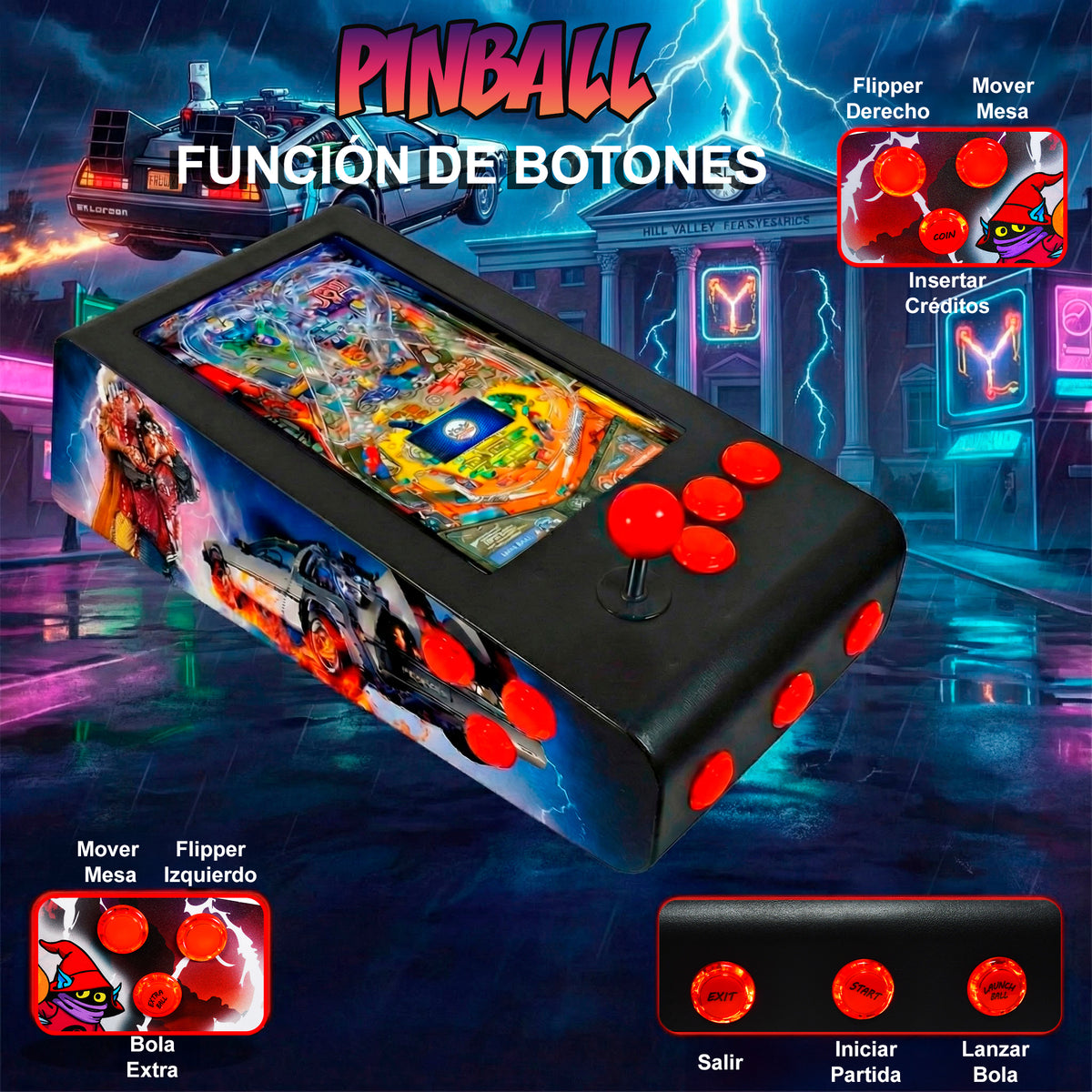 Pinball Virtual en Acero con 13.3” 1080p Playield, PC Intel N95 con 8GB RAM y 128GB M2, 12 Botones Arcade retroiluminados, Frontend PinballX, VPX y VP9 (MiniPinball Curvo Metálico BacktotheFuture Negro)
