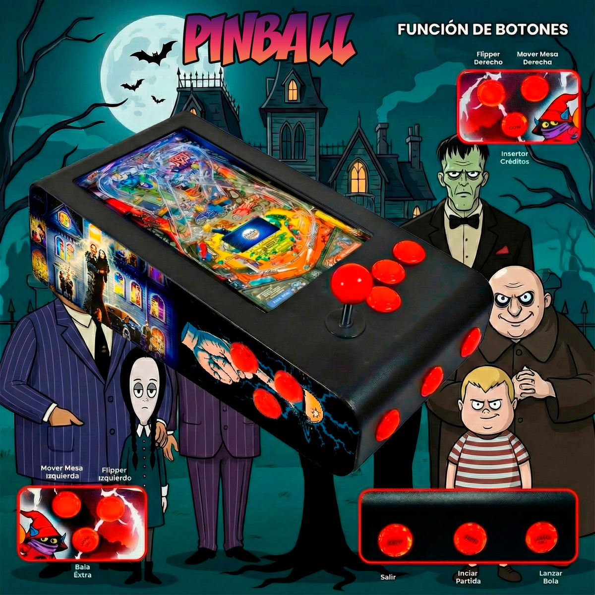 Pinball Virtual en Acero con 13.3” 1080p Playield, PC Intel N95 con 8GB RAM y 128GB M2, 12 Botones Arcade retroiluminados, Frontend PinballX, VPX y VP9 (MiniPinball Curvo Metálico TheAddamsFamily Negro)