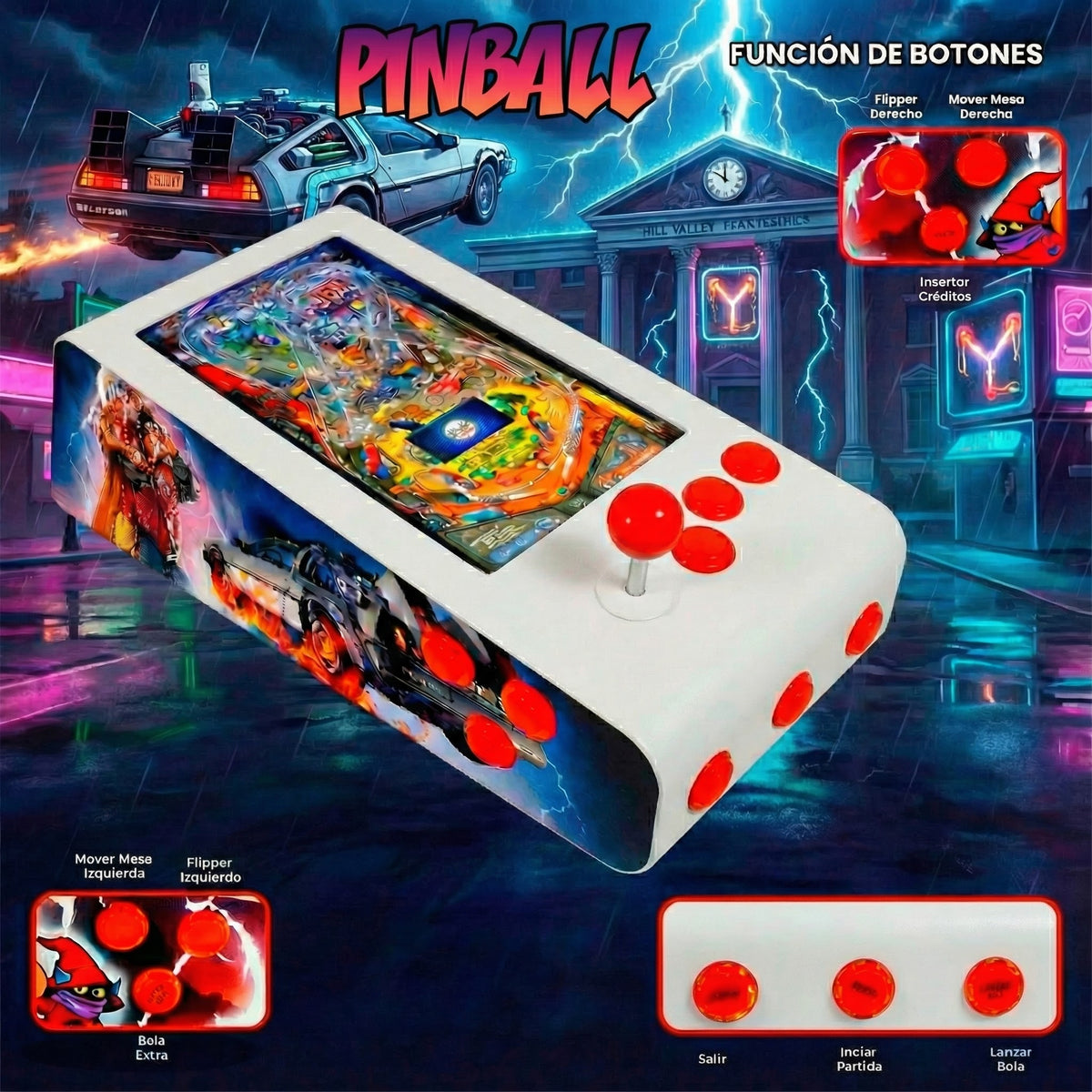 Pinball Virtual en Acero con 13.3” 1080p Playield, PC Intel N95 con 8GB RAM y 128GB M2, 12 Botones Arcade retroiluminados, Frontend PinballX, VPX y VP9 (MiniPinball Curvo Metálico BacktotheFuture Blanco)