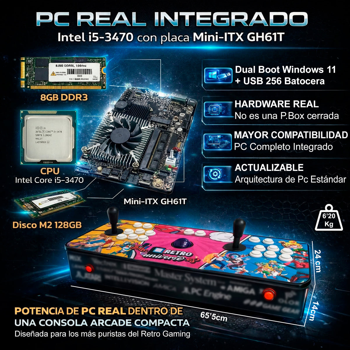 Pandora Box Premium Intel i5 3470 + 8gb RAM + Disco Duro 128gb M2 + ITX GH61TR + Dual Boot: Windows 11 + USB 256GB Batocera + Arduino Leonardo + Placas Zero Delay + Trackball + Joysticks Americanos + Botones Arcade