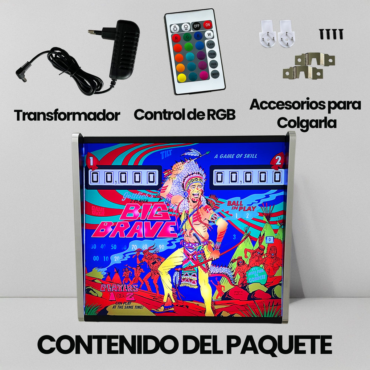 Lámpara RGB - Backglass Pincab Flipper Pinball Big Brave, Ideal para Decorar habitación Gaming Sala Arcade, Incluye Mando a Distancia con Distintos Modos de iluminación Ambiente