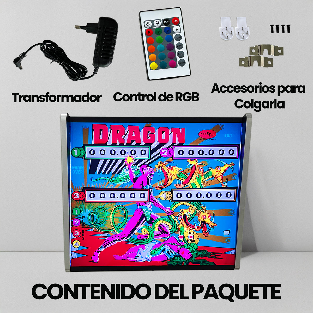 Lámpara RGB - Backglass Pincab Flipper Pinball Dragon, Ideal para Decorar habitación Gaming Sala Arcade, Incluye Mando a Distancia con Distintos Modos de iluminación Ambiente