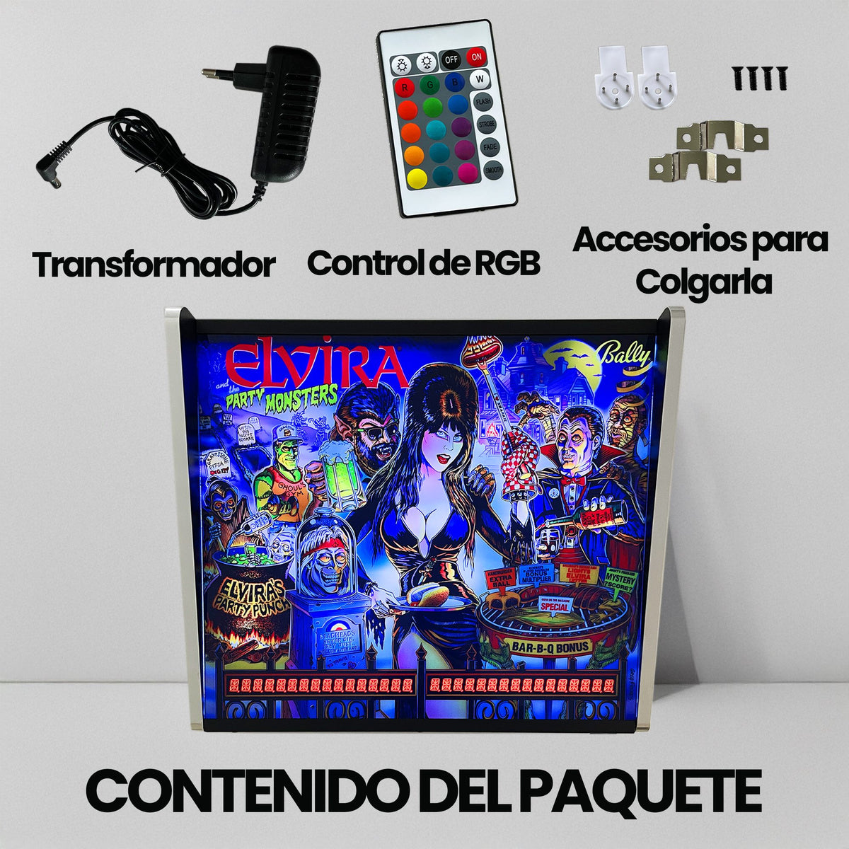Lámpara RGB - Backglass Pincab Flipper Pinball Elvira, Ideal para Decorar habitación Gaming Sala Arcade, Incluye Mando a Distancia con Distintos Modos de iluminación Ambiente