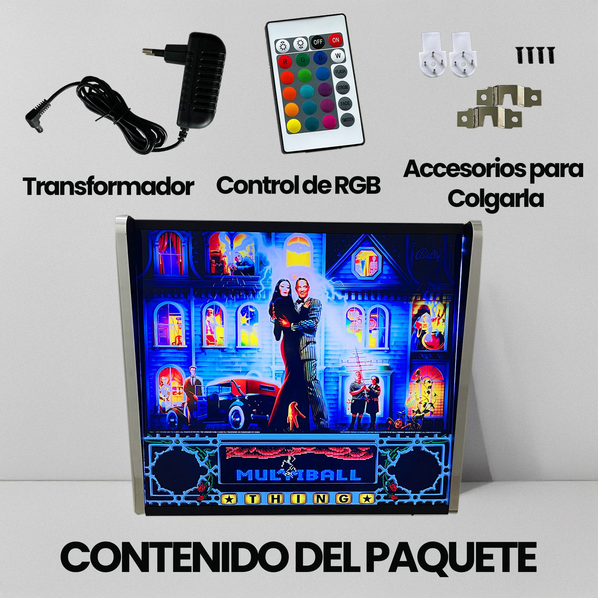 Lámpara RGB - Backglass Pincab Flipper Pinball The Addams Family, Ideal para Decorar habitación Gaming Sala Arcade, Incluye Mando a Distancia con Distintos Modos de iluminación Ambiente