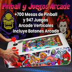 Pinball Virtual en Acero con 13.3” 1080p Playield, PC Intel N5105 con 8GB RAM y 128GB M2, 12 Botones Arcade retroiluminados, Frontend PinballX, VPX y VP9 (MiniPinball Curvo Metálico He-man Blanco)
