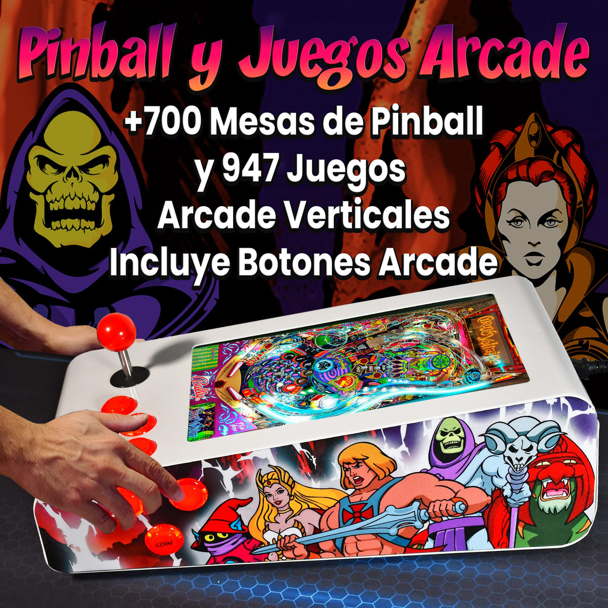 Pinball Virtual en Acero con 13.3” 1080p Playield, PC Intel N5105 con 8GB RAM y 128GB M2, 12 Botones Arcade retroiluminados, Frontend PinballX, VPX y VP9 (MiniPinball Curvo Metálico He-man Blanco)