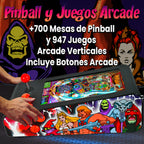 Pinball Virtual en Acero con 13.3” 1080p Playield, PC Intel N5105 con 8GB RAM y 128GB M2, 12 Botones Arcade retroiluminados, Frontend PinballX, VPX y VP9 (MiniPinball Curvo Metálico He-man Negro)