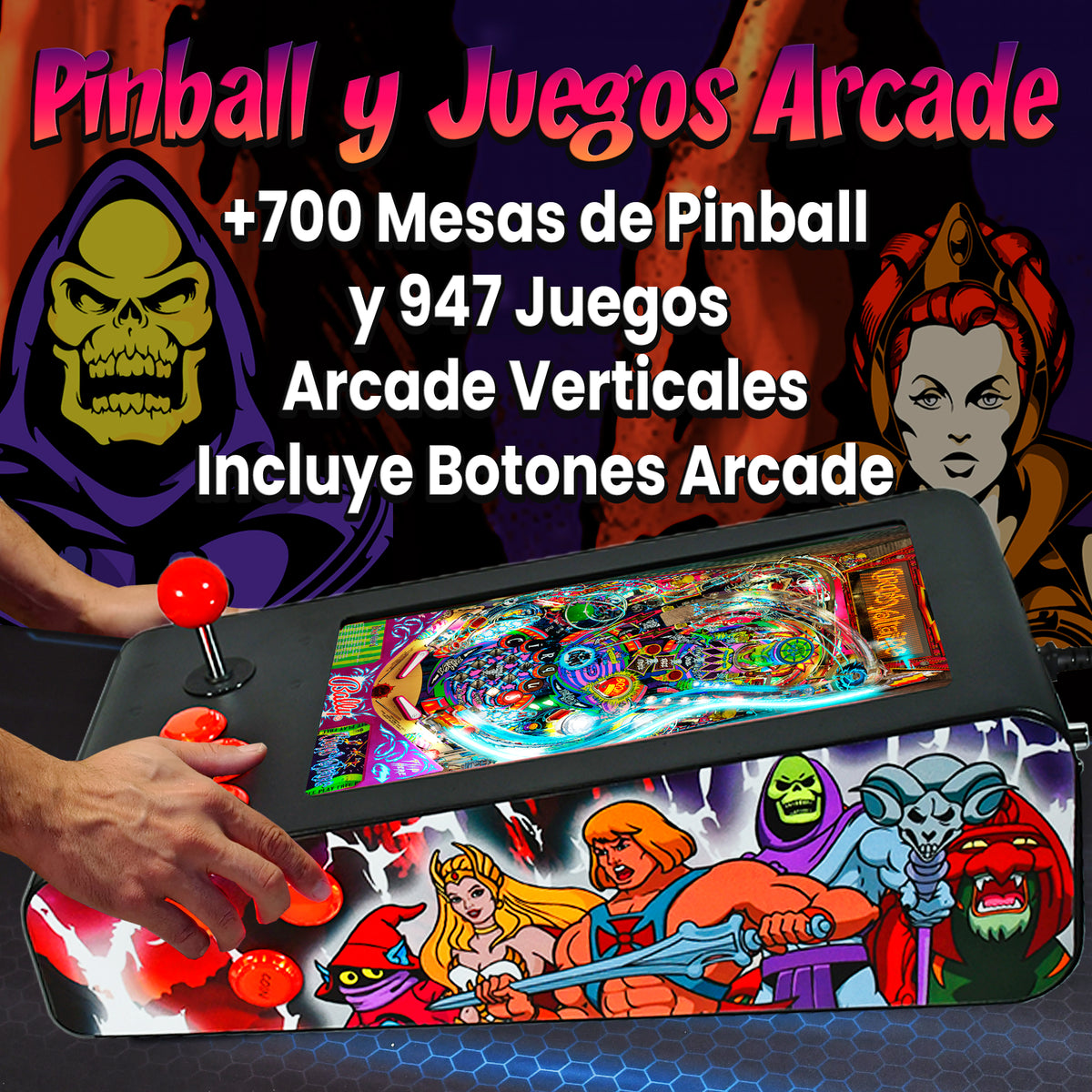 Pinball Virtual en Acero con 13.3” 1080p Playield, PC Intel N5105 con 8GB RAM y 128GB M2, 12 Botones Arcade retroiluminados, Frontend PinballX, VPX y VP9 (MiniPinball Curvo Metálico He-man Negro)