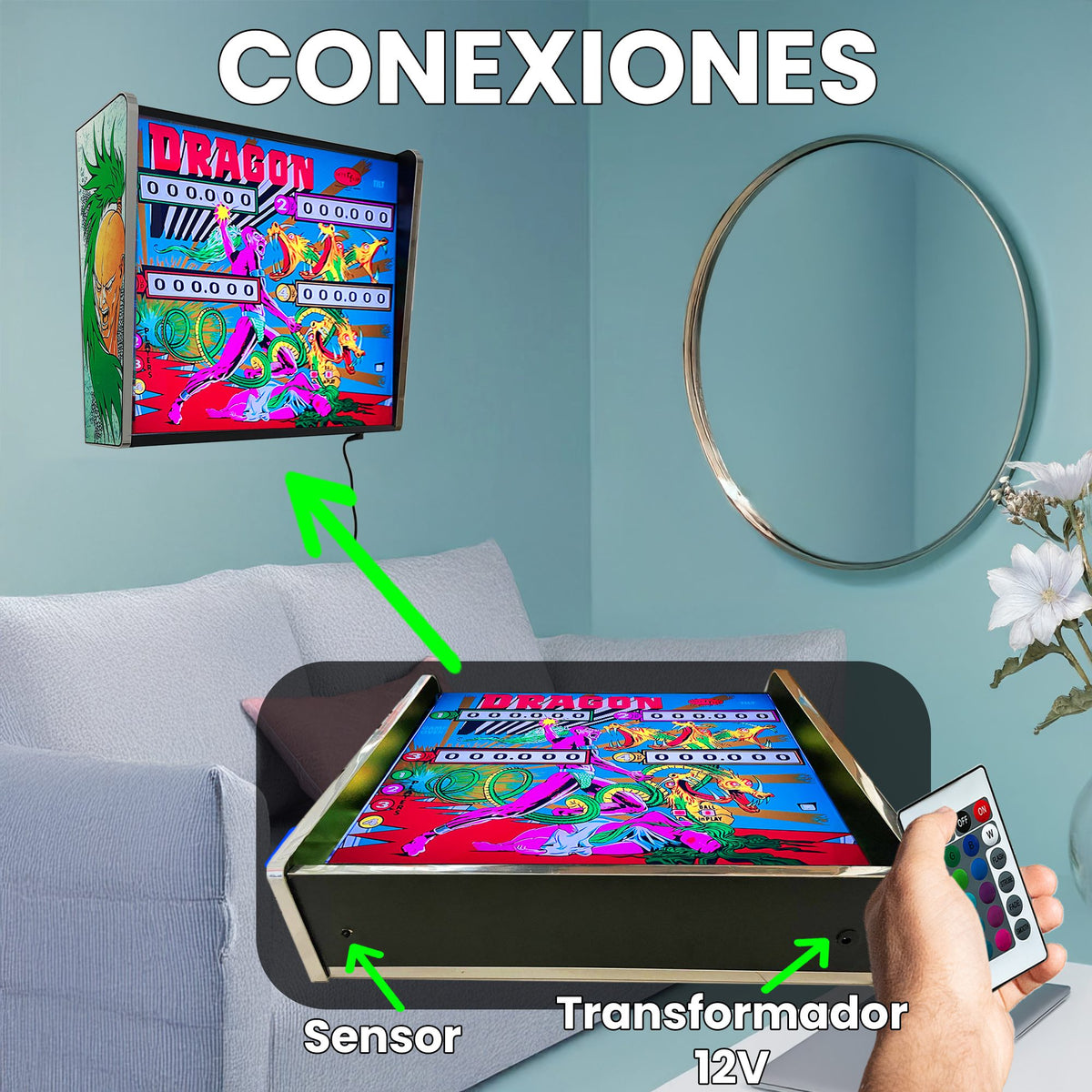 Lámpara RGB - Backglass Pincab Flipper Pinball Dragon, Ideal para Decorar habitación Gaming Sala Arcade, Incluye Mando a Distancia con Distintos Modos de iluminación Ambiente