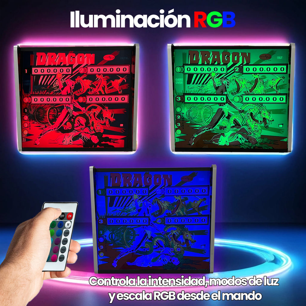 Lámpara RGB - Backglass Pincab Flipper Pinball Dragon, Ideal para Decorar habitación Gaming Sala Arcade, Incluye Mando a Distancia con Distintos Modos de iluminación Ambiente