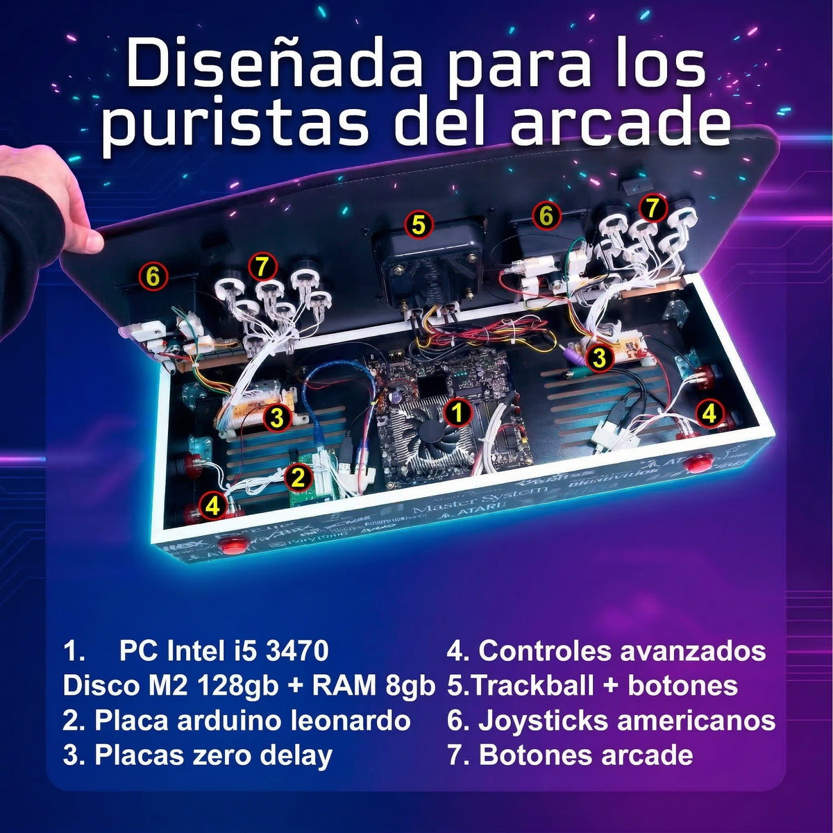 Pandora Box Premium Intel i5 3470 + 8gb RAM + Disco Duro 128gb M2 + ITX GH61TR + Dual Boot: Windows 11 + USB 256GB Batocera + Arduino Leonardo + Placas Zero Delay + Trackball + Joysticks Americanos + Botones Arcade