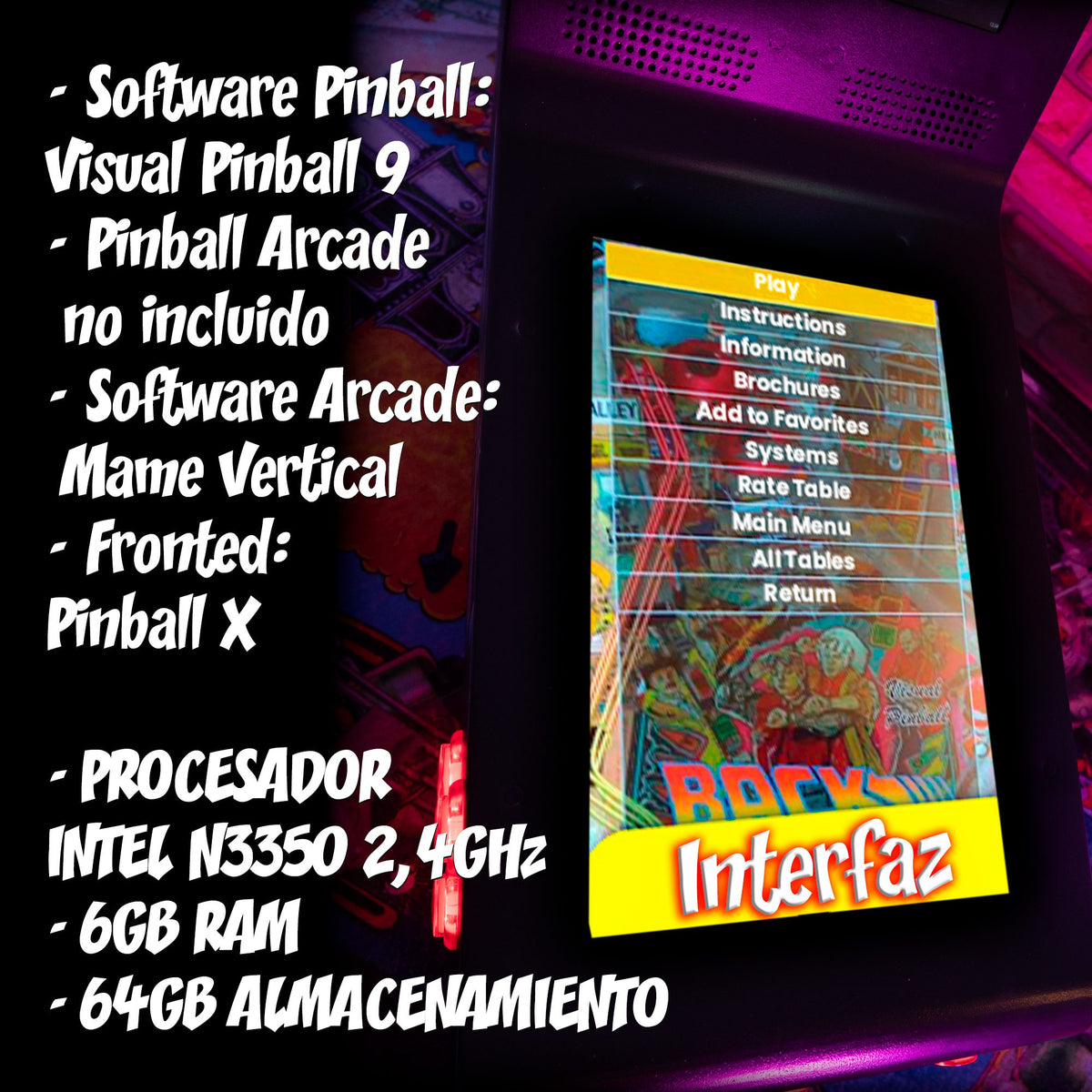 Pinball Virtual, Playfield 12″, Backglass 8″ INTEL N5105 (MiniPinball Curvo Metálico con Backglass TheFamilyAddams)