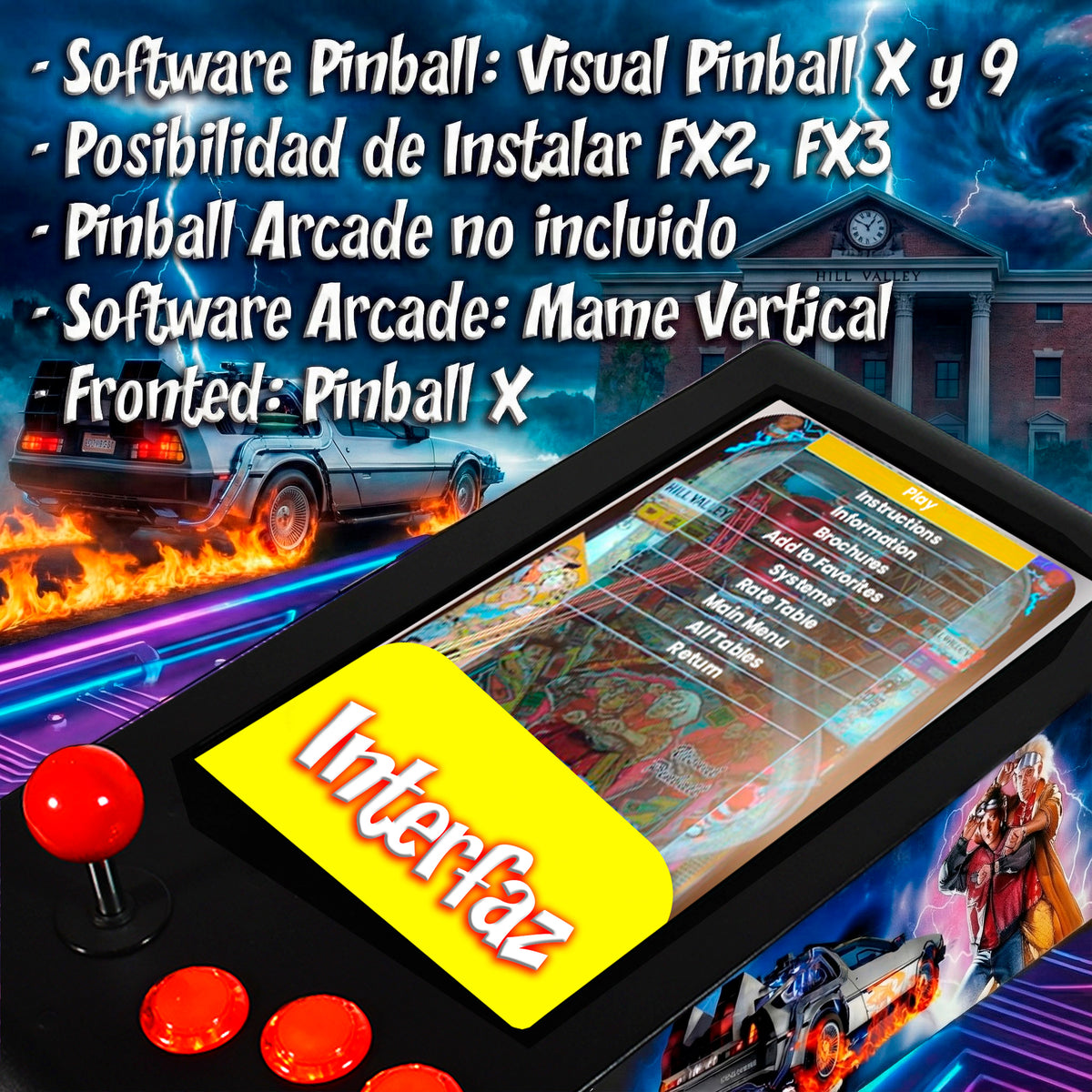 Pinball Virtual en Acero con 13.3” 1080p Playield, PC Intel N95 con 8GB RAM y 128GB M2, 12 Botones Arcade retroiluminados, Frontend PinballX, VPX y VP9 (MiniPinball Curvo Metálico Attack from the Mars Negro)