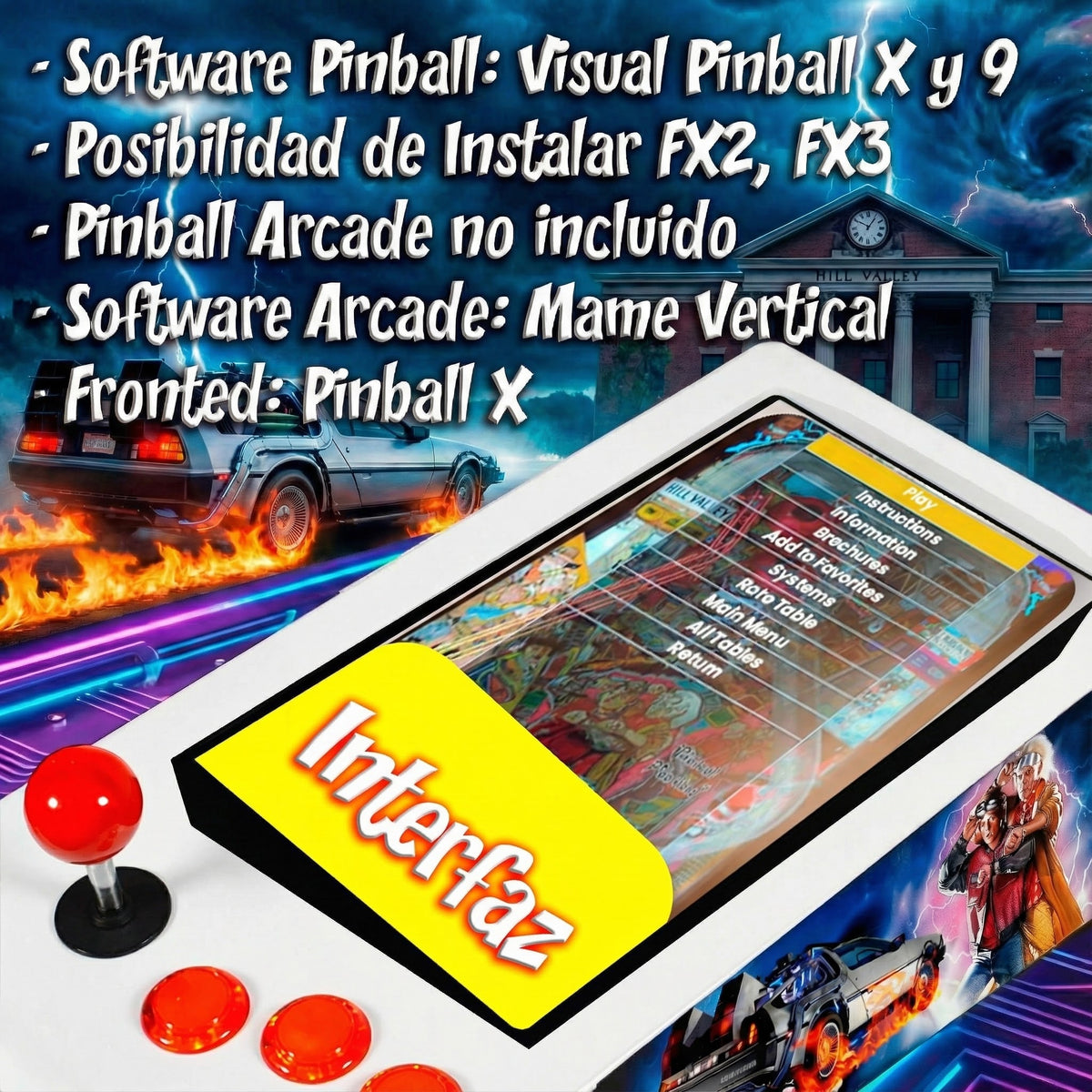 Pinball Virtual en Acero con 13.3” 1080p Playield, PC Intel N95 con 8GB RAM y 128GB M2, 12 Botones Arcade retroiluminados, Frontend PinballX, VPX y VP9 (MiniPinball Curvo Metálico Attack from the Mars Blanco)