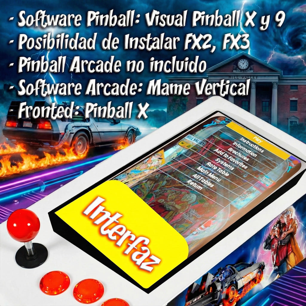 Pinball Virtual en Acero con 13.3” 1080p Playield, PC Intel N95 con 8GB RAM y 128GB M2, 12 Botones Arcade retroiluminados, Frontend PinballX, VPX y VP9 (MiniPinball Curvo Metálico BacktotheFuture Blanco)