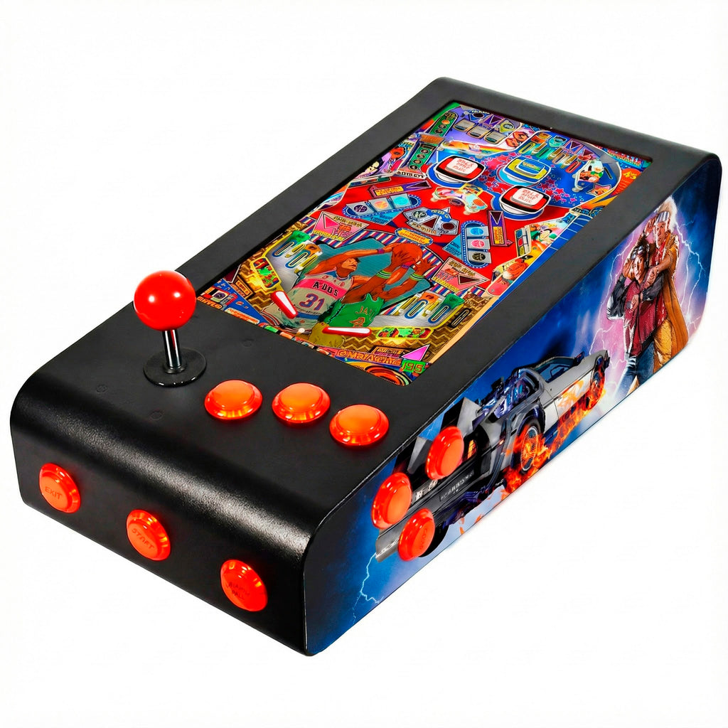 Pinball Virtual en Acero con 13.3” 1080p Playield, PC Intel N95 con 8GB RAM y 128GB M2, 12 Botones Arcade retroiluminados, Frontend PinballX, VPX y VP9 (MiniPinball Curvo Metálico BacktotheFuture Negro)