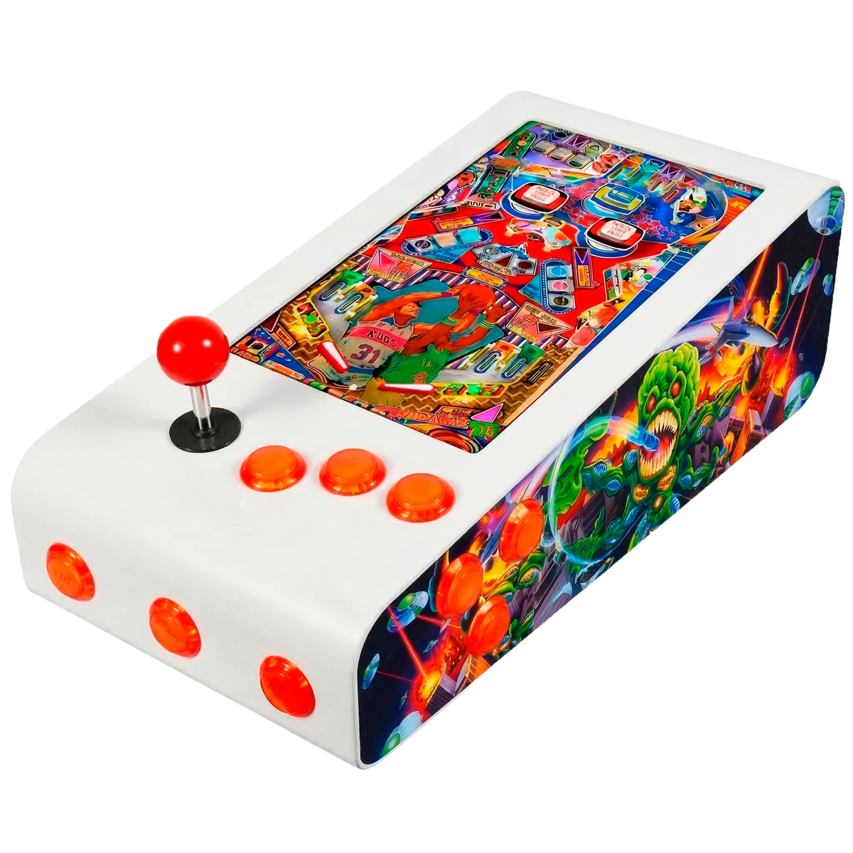 Pinball Virtual en Acero con 13.3” 1080p Playield, PC Intel N95 con 8GB RAM y 128GB M2, 12 Botones Arcade retroiluminados, Frontend PinballX, VPX y VP9 (MiniPinball Curvo Metálico Attack from the Mars Blanco)