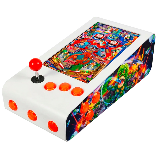 Pinball Virtual en Acero con 13.3” 1080p Playield, PC Intel N95 con 8GB RAM y 128GB M2, 12 Botones Arcade retroiluminados, Frontend PinballX, VPX y VP9 (MiniPinball Curvo Metálico Attack from the Mars Blanco)