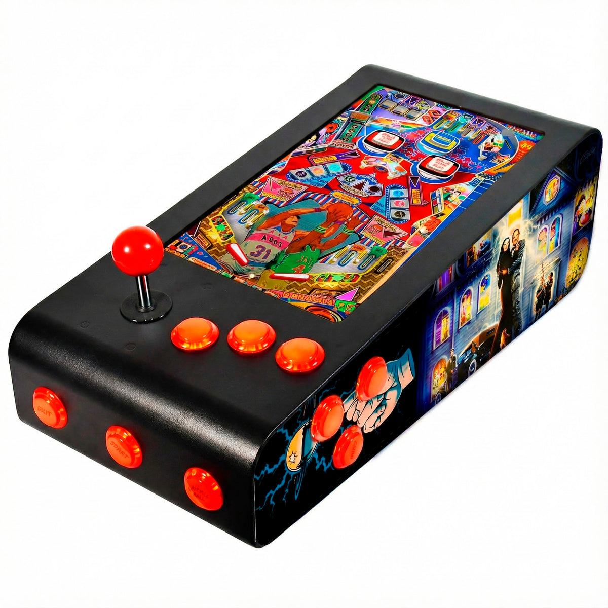 Pinball Virtual en Acero con 13.3” 1080p Playield, PC Intel N95 con 8GB RAM y 128GB M2, 12 Botones Arcade retroiluminados, Frontend PinballX, VPX y VP9 (MiniPinball Curvo Metálico TheAddamsFamily Negro)