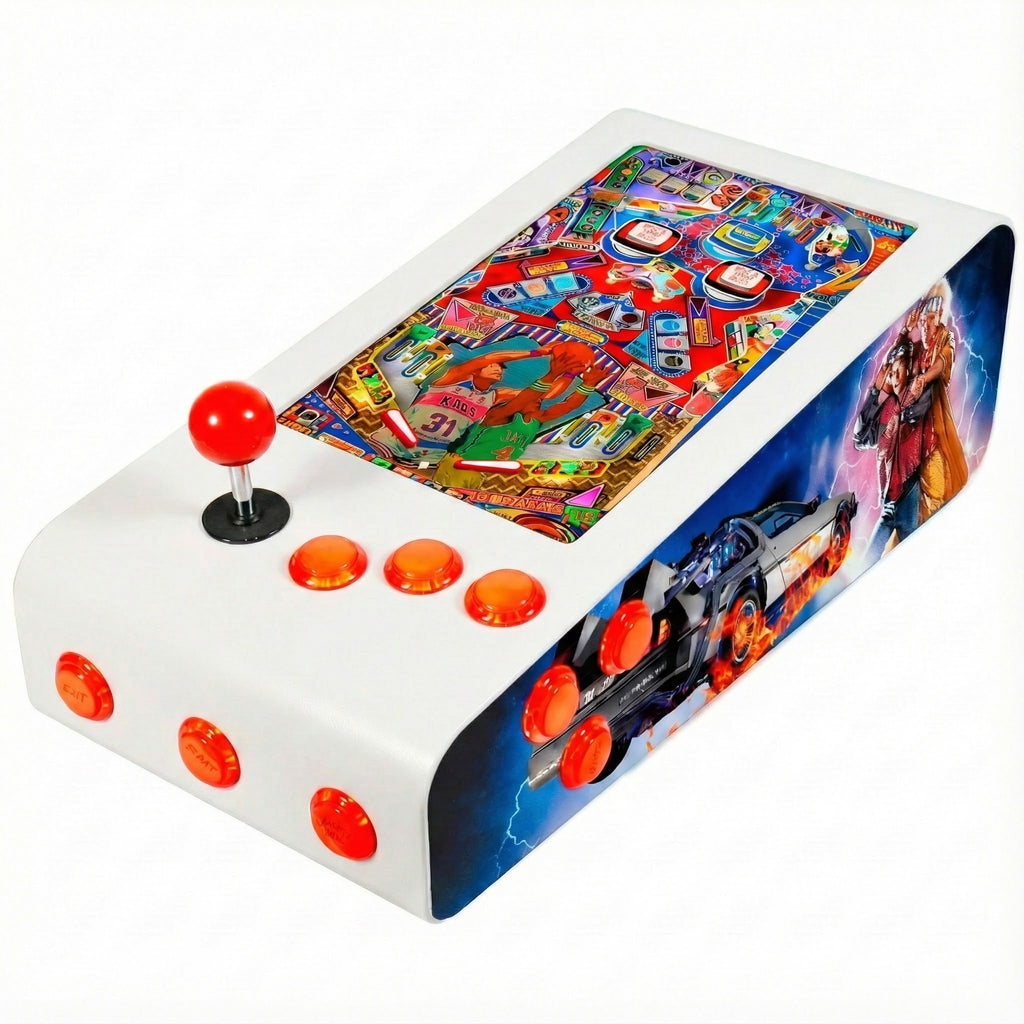Pinball Virtual en Acero con 13.3” 1080p Playield, PC Intel N95 con 8GB RAM y 128GB M2, 12 Botones Arcade retroiluminados, Frontend PinballX, VPX y VP9 (MiniPinball Curvo Metálico Attack from the Mars Blanco)