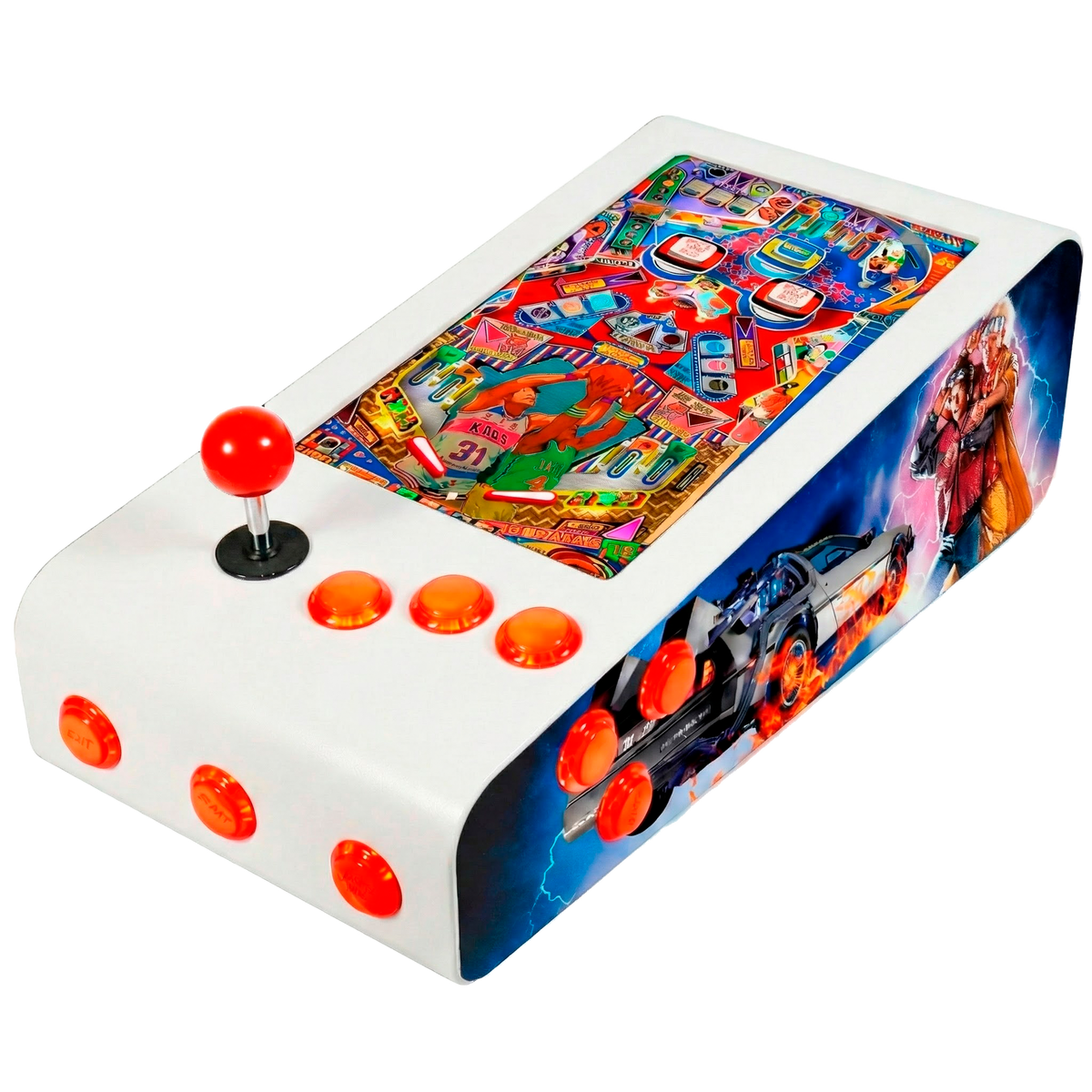 Pinball Virtual en Acero con 13.3” 1080p Playield, PC Intel N95 con 8GB RAM y 128GB M2, 12 Botones Arcade retroiluminados, Frontend PinballX, VPX y VP9 (MiniPinball Curvo Metálico BacktotheFuture Blanco)