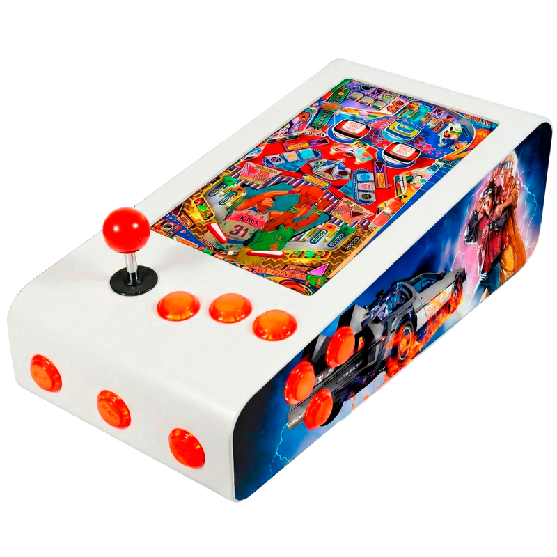 Pinball Virtual en Acero con 13.3” 1080p Playield, PC Intel N95 con 8GB RAM y 128GB M2, 12 Botones Arcade retroiluminados, Frontend PinballX, VPX y VP9 (MiniPinball Curvo Metálico BacktotheFuture Blanco)