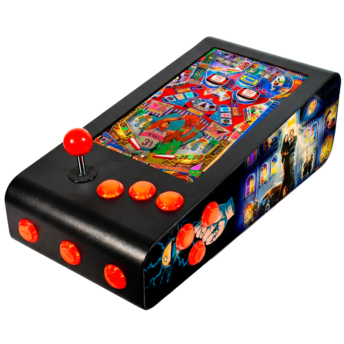 Pinball Virtual en Acero con 13.3” 1080p Playield, PC Intel N95 con 8GB RAM y 128GB M2, 12 Botones Arcade retroiluminados, Frontend PinballX, VPX y VP9 (MiniPinball Curvo Metálico TheAddamsFamily Negro)