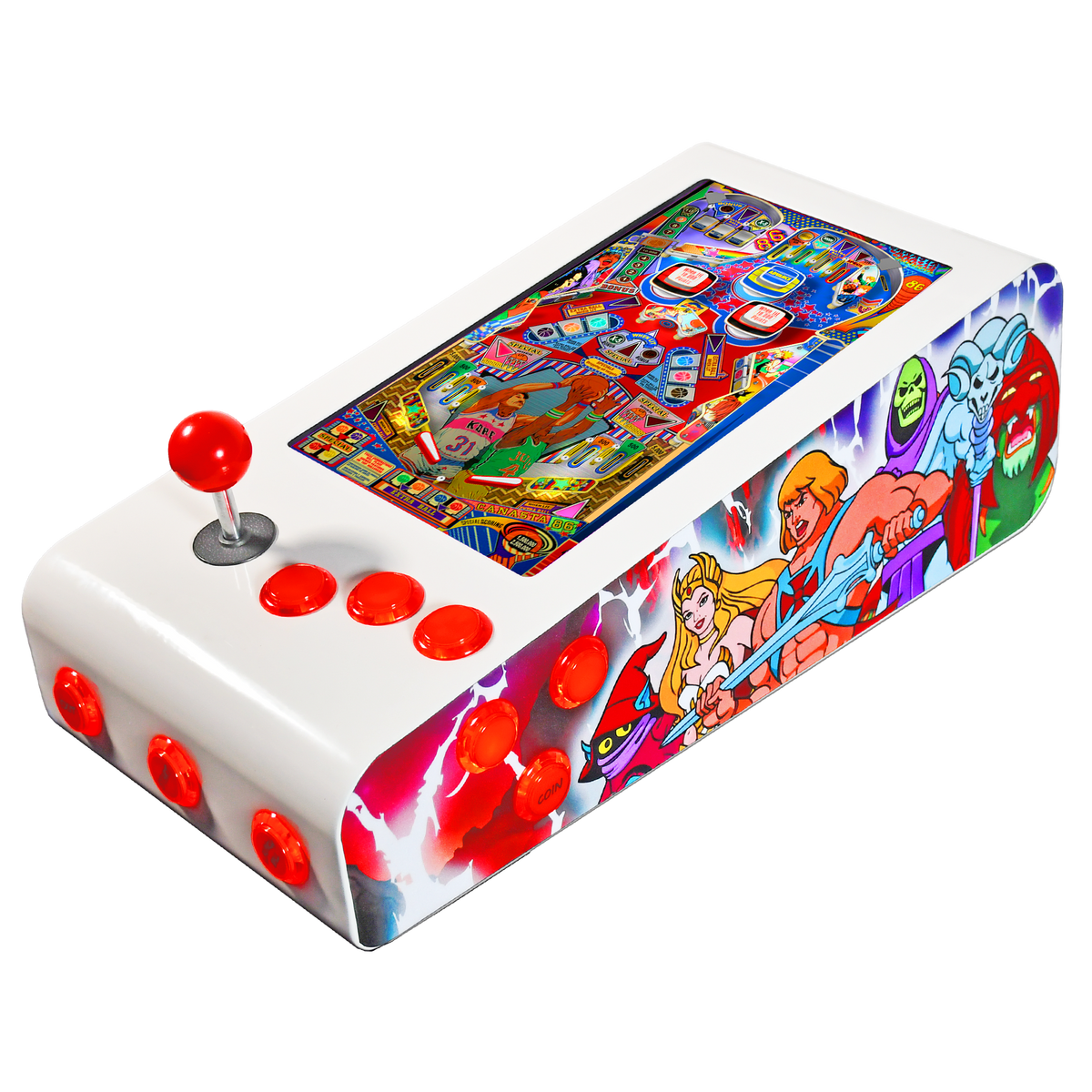 Pinball Virtual en Acero con 13.3” 1080p Playield, PC Intel N5105 con 8GB RAM y 128GB M2, 12 Botones Arcade retroiluminados, Frontend PinballX, VPX y VP9 (MiniPinball Curvo Metálico He-man Blanco)