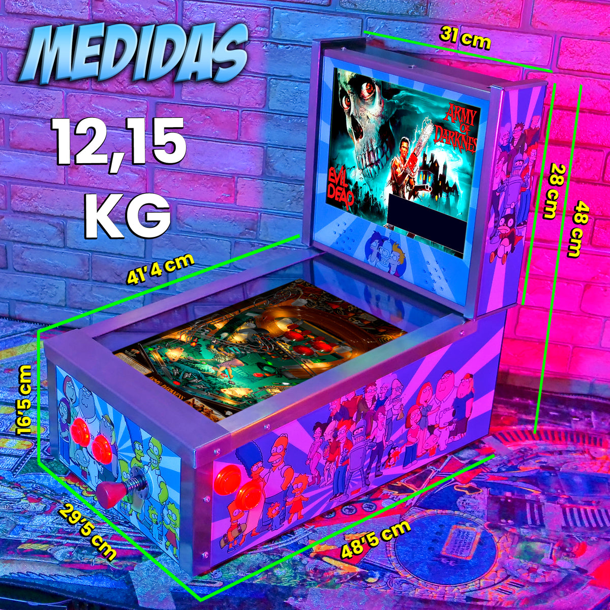 Pinball Virtual 15.6" + 12" con plunger analógico (Futurama Metálico con backglass)
