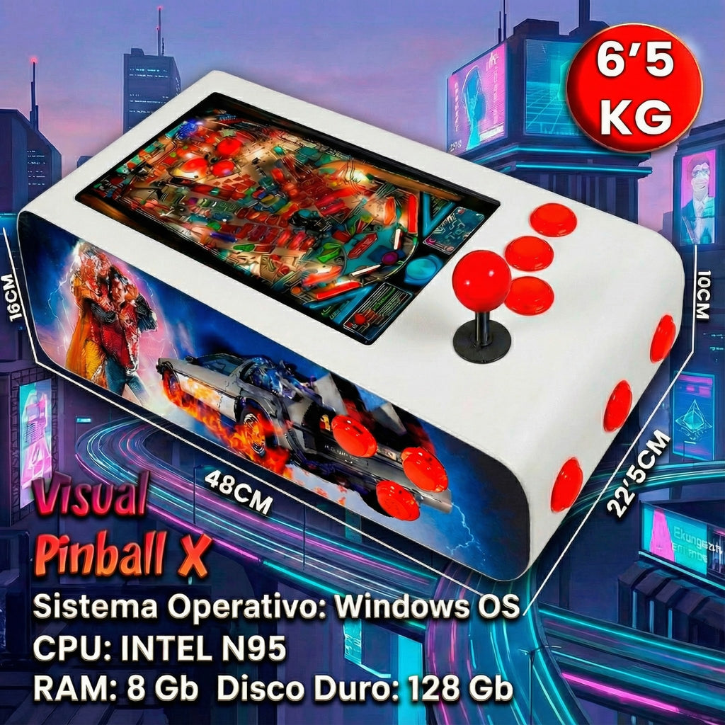 Pinball Virtual en Acero con 13.3” 1080p Playield, PC Intel N95 con 8GB RAM y 128GB M2, 12 Botones Arcade retroiluminados, Frontend PinballX, VPX y VP9 (MiniPinball Curvo Metálico BacktotheFuture Blanco)