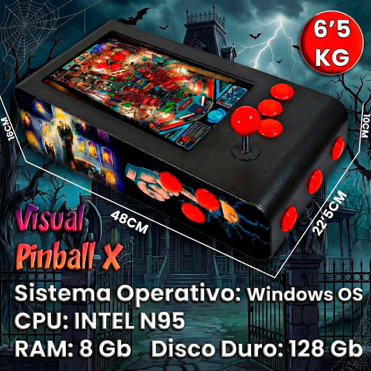 Pinball Virtual en Acero con 13.3” 1080p Playield, PC Intel N95 con 8GB RAM y 128GB M2, 12 Botones Arcade retroiluminados, Frontend PinballX, VPX y VP9 (MiniPinball Curvo Metálico TheAddamsFamily Negro)